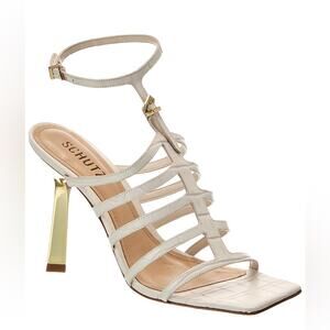 Schutz Hayden Croc Embossed Caged Sandals Pearl White Gold Sculptural Heel Sz 8